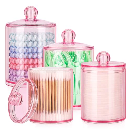 Image of Tbestmax 12 oz & 10 oz Qtip Holder - 4 Pack Restroom Bathroom Organizers and Storage Containers, Pink Plastic Apothecary Jars with Lids for Cotton Swab, Cotton Round Pads, Floss