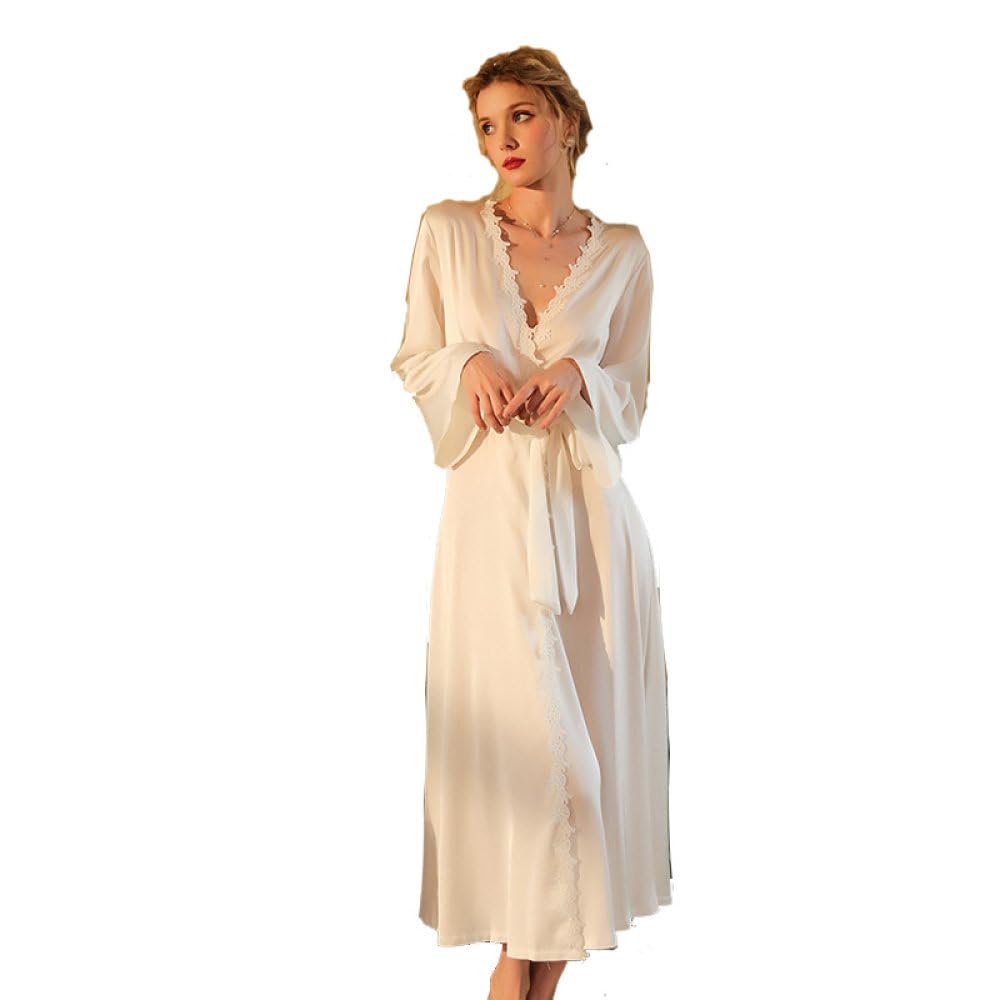Kimono Sexy Sin Espalda Camisón de Satén Sedoso Bata de Novia Albornoz Largo de encaje Floral Ropa de Dormir con Cuello en V para Mujer Fiesta de Camisón de Boda,Blanco,L