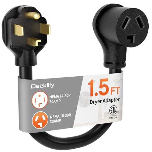 Deeklify 1.5 ft 3 Prong to 4 Prong Dryer Adapter 10 AWG NEMA 14-30P to 10-30R Heavy Duty 3 to 4 Prong Dryer Plug Adapter 30A 250V 7500W for Old Dryer Conversion Black SRDT ETL Listed