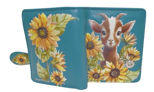 Shag Wear Garden Goat Small Wallet for Women and Teen Girls Whimsical Goat and Sunflower Design Vegan Leather Bifold with Card Slots and Coin Pocket Teal 4.5