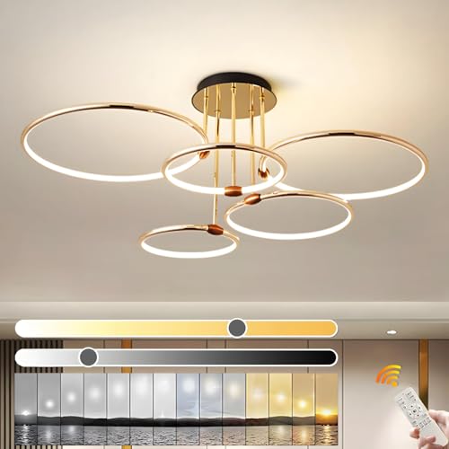 YYUTLUO LED Lámpara De Techo, Ø93cm Lámpara Circular De Metal Dorado De 108W Regulable Continua 3000-6000K, Colgante Redondo Moderno De Galvanoplastia, Dormitorio, Sala Estar Niños Oficina (5 Anillos)