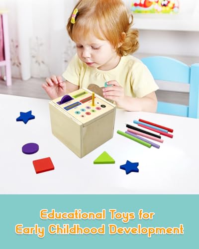 Image of Wooden Sorting Toys Montessori Color & Shape Sorter Preschool Learning Activities Fine Motor Skills Sensory Toys for Toddlers 2-5 Birthday Gifts for Boys and Girls (Colorful-Cube)