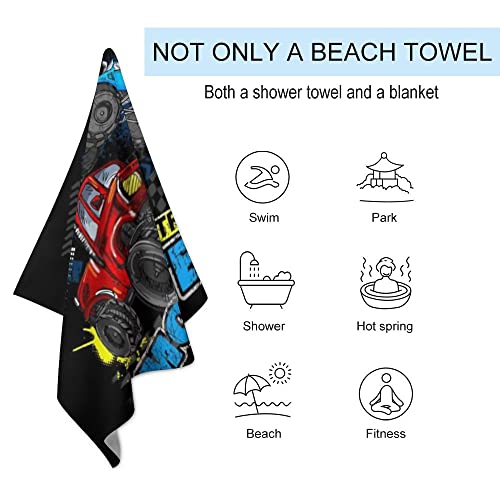 Kuizee Beach Towel 31"X51" Blue Monster Truck Boy Microfiber Ultra Soft Quick Dry Highly Absorbent Bath Towel For Travel,Swim,Pool,Yoga,Women,Men #TOP2