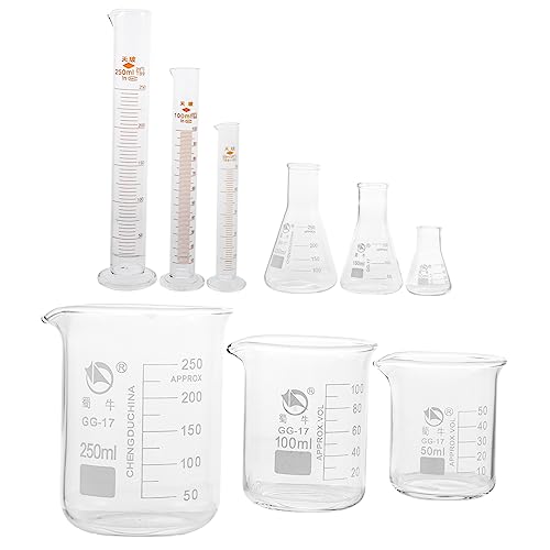 HOLIDYOYO Educational 9pc Glassware Set Measuring Cylinders Beakers Test Tubes Conical Flasks for Science Studies
