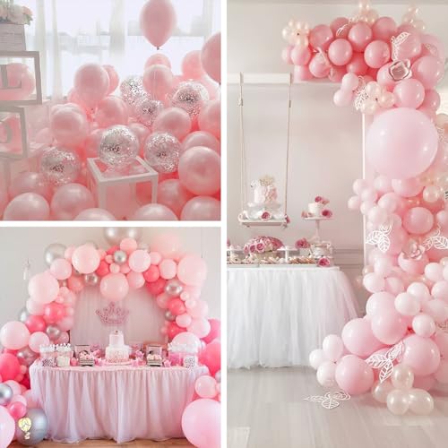 Image of PartyWoo Pink White and Silver Balloons 66pcs 12 Inch Baby Pink Pearl White Silver Confetti Balloons for Graduation Baby Shower Birthday Gender Reveal Anniversary Bachelorette Party Decorations