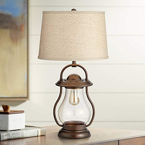 Fredrik Rustic Industrial Farmhouse Table Lamp with Nightlight Antique Edison Style LED Bronze Lantern Burlap Tapered Drum Shade for Living Room Bedroom Nightstand Office - Franklin Iron Works