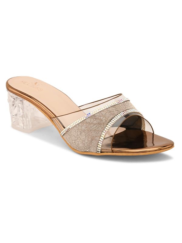 XE Looks Women's Copper Block Heel Sandals | Stylish Transparent Crystal Heels with Glitter Finish Upper | Comfortable Cushioned Footbed | Slip-On Design Heel Sandals For Girls & Women 3