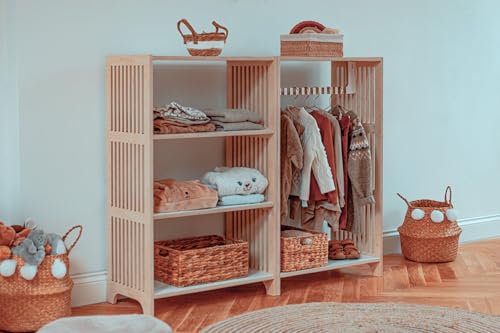 HINGI Armario Infantil | Armario Bebe de Madera 33x97x120cm | Perchero Bebe | Armario Bebe Habitacion con Barra para Colgar y Estantes | Armario Montessori Infantil