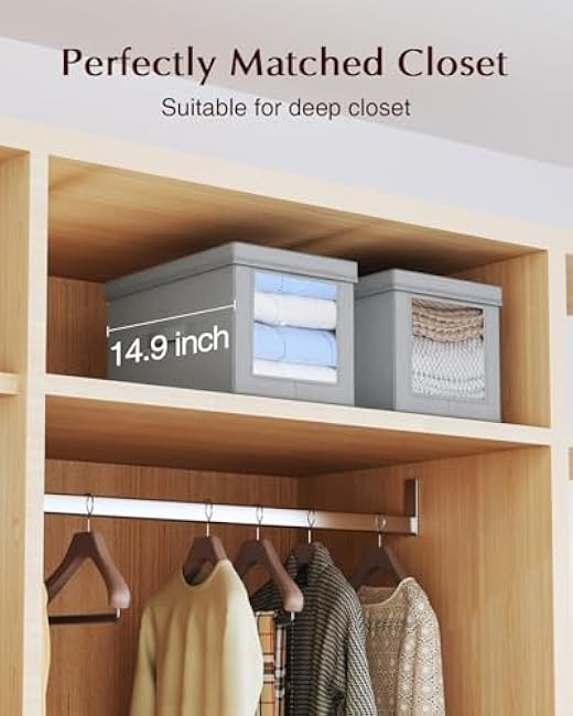 Collapsible Storage Bins with Lids - Foldable Decorative Storage Boxes with Side Window, 15 Inch Closet Boxes with Handles, Organizer Bins for Living Room, Deep Shelves, 5 Pack, Grey