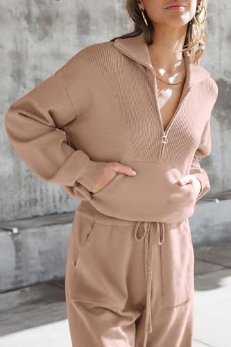 Image of PRETTYGARDEN Women's 2 Piece Sweater Set Pullover Zipper Sweatshirt Jogging Pants Tracksuit Casual Outfit