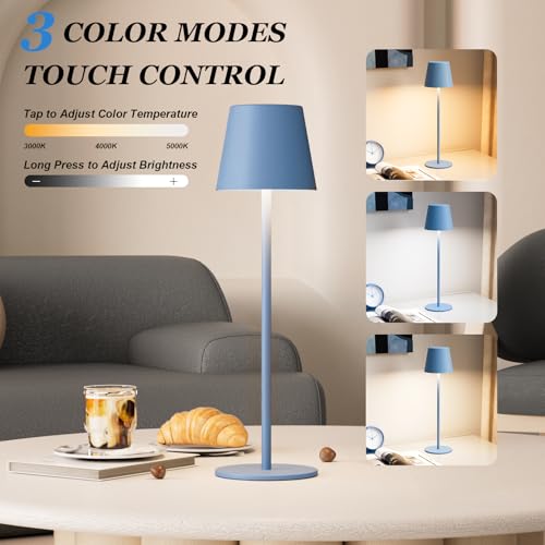 Image of Kakanuo Cordless Table Lamp Rechargeable Blue - KK 2 Pack 5000mAH Battery Operated Lamp for Dining Table, 3 Color Stepless Dimming Wireless Lamp for Counter, Outdoor Patio, Touch Control