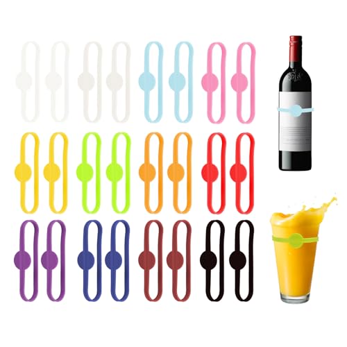 Wafuesh Lot de 24 Marqueurs de Verre Réutilisables en Silicone, Marqueurs Colorés pour Bouteilles de Vin, Verres à Bière et Cocktails, Parfait pour Fêtes, Maison et Bar, silicone glass markers ﻿