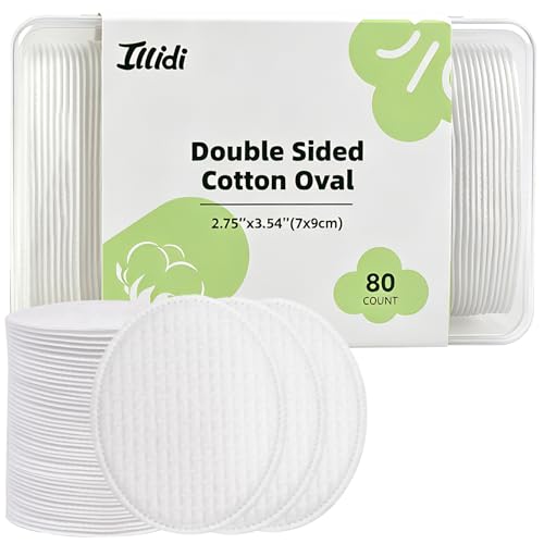 ILLIDI Large Oval Cotton Pads Multi-Layer Dual-Sided for Makeup Removal Cleansing and Toner Application 80 Count