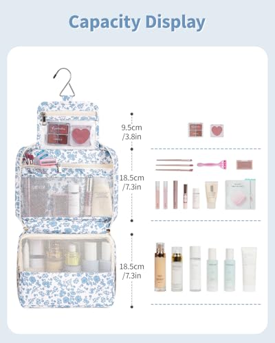 Image of Narwey Small Hanging Travel Toiletry Bag for Women, Travel Bag for Toiletries, Makeup Bag Organizer Cosmetic Bags Make Up Bags for Girls, Y-Little Blue Flower