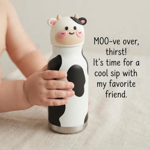 Image of JOUET 450ml Stainless Steel Kids Water Bottle with Cute Cow Character Lid, Leakproof Drinking Bottle for School, Travel, Sports & Everyday Use