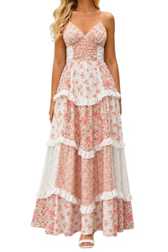 GUCURIN Women Floral Maxi Dress Spaghetti Strap V Neck Patchwork