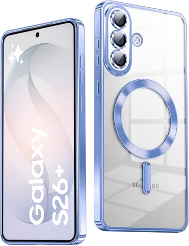 Image of VONZEE Clear Logo Electroplating Transparent Case for Samsung Galaxy S26 Plus 5G, Magnetic Plating [Support for MagSafe Charger] Electroplate TPU Cover- Sierra Blue