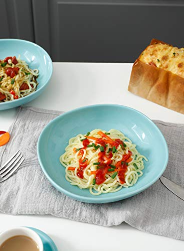 Wide and Shallow Porcelain Salad and Pasta Bowls Set of 6-24 Ounce Microwave and Dishwasher Safe Serving Dishes, Turquoise