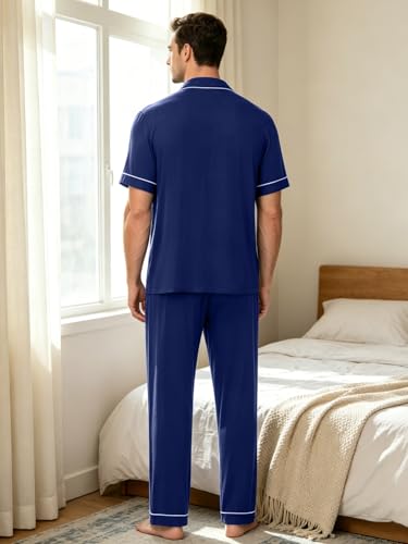 Image of Men's Short Sleeve Pajama Set, Soft Cotton Button Down Sleepwear Top & Long Pants, Loungewear PJs with Pockets S-XXXL