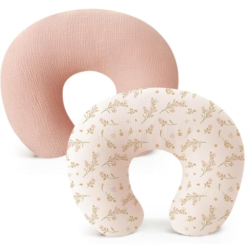 Image of Konssy 2-Pack Muslin Nursing Pillow Covers, Soft & Adorable Nursing Covers for Breastfeeding Pillows, Slipcovers for Newborn Boys & Girls(Pink, Floral)