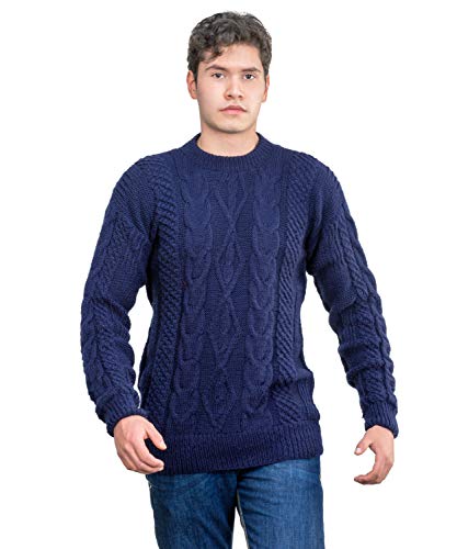 Mens Irish Fisherman Aran Sweater in Blue Alpaca Wool – Winter Pullover – Cable Knit Jumper4