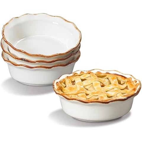ONEMORE Mini Pie Pans, 6.8 inch Ceramic Pie Pans for Baking Nonstick Small Pie Pans Deep Dish Pie Plates Mini Tart Pans, Ideal for Chicken Pot Pie & Desserts, Individual Pot Pie Baking Dishes Set of 4 Cover