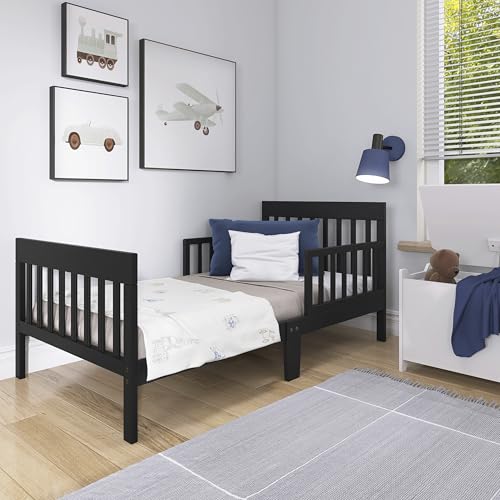 Image of Dream On Me Finn Toddler Bed, GREENGUARD Gold, Pinewood, Black | Low to Floor Bed, 2 Safety Guard Rails, Slatted Wooden Headboard & Footboard 50 Lb Limit, BSA Verified