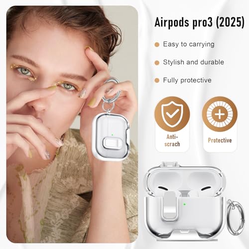 Image of Compatible Airpods Pro 3 Case (2025) with Phone Stand & Cleaner Kit,Print Soft Silicone Lock Clip Apple AirPods Pro 3rd Generation Case, Airpod Pro 3 Cover with Keychain for Women /Girls,White