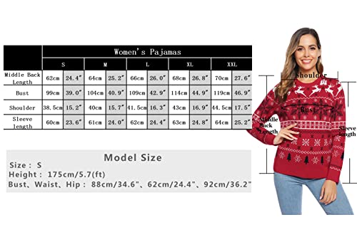Aseniza Weihnachtspullover Damen Herren Christmas Sweater Pullover Weihnachten Strickpullover Rentier Elch Langarm Jumper mit Rundhalsausschnitt Rot-Damen, S