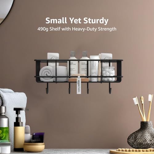 Image of Amazon Basics Wall Mounted Bath Rack with Hooks | Self adhesive| Mild Steel Bathroom Shelf for Toiletries, Loofahs & Razors | Sturdy, Easy to Clean, Rust-Resistant Bathroom Organizer - 28 x 12.2 x 9.6 cm, Pack of 2, Black