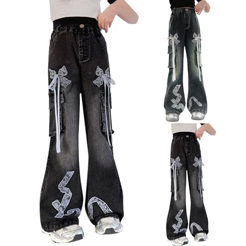 Girls Baggy Flared Cargo Jeans Bow Graphic Elastic Waist Denim Pants Cute Y2K Fall Trendy Streetwear with Pockets