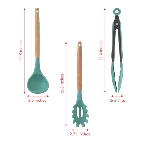 Glad Silicone Kitchen Utensils Set, 8pcs - Nonstick Cooking Tools with Wooden Handles and Utensil Holder - Spatula Set with Turner, Ladle, Spoons, Tongs, and Spaghetti Server - Teal Green by Glad - Image 5