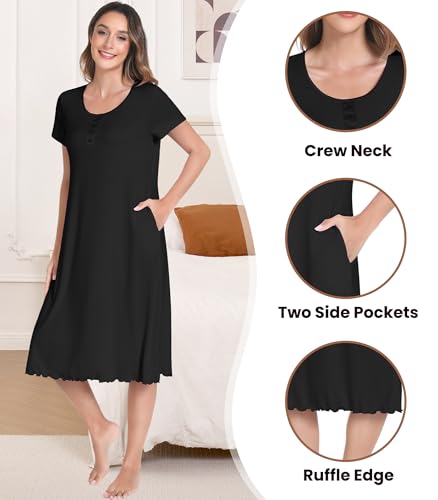Image of NACHILA Bamboo Viscose Nightgown for Women Short Sleeve Crew Neck Sleepwear