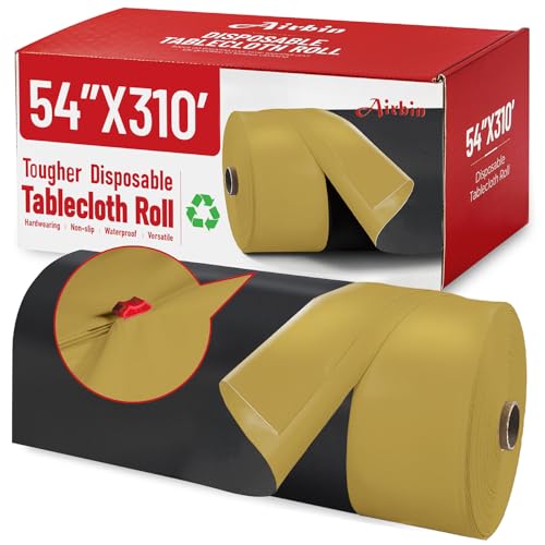 Image of Plastic Table Cloth, 310 Ft X 54 In Disposable Tablecloth Black and Gold Tablecloth Premium PEVA Plastic Table Cloth Disposable with Any Cut Sliding Cutters for Picnics, Parties, Birthdays, Festivals