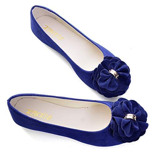 LUXINYU Women's Slip on Flock Round Toe Flats,Women Shallow Flower Knot Driving Light Ballet Flats Shoes,Sapphire