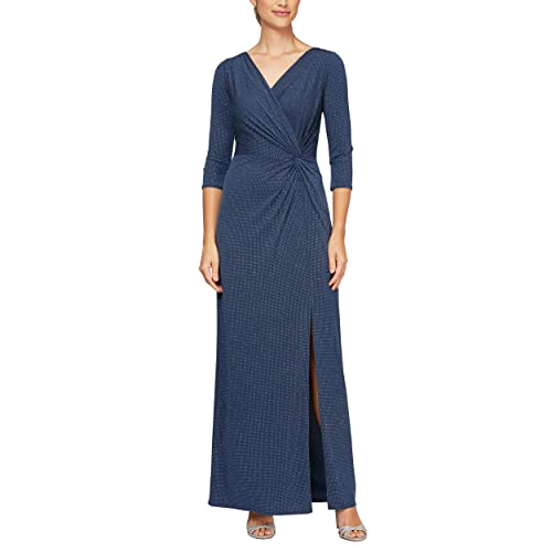 Image of Alex Evenings Womens Long 3 /4 Sleeve Formal Event Dress with Cinched Tie Waist (Petite and Regular Sizes)