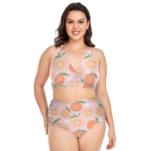 Bikini grande taille réglable pamplemousse rose imprimé fruit 2 pièces halter