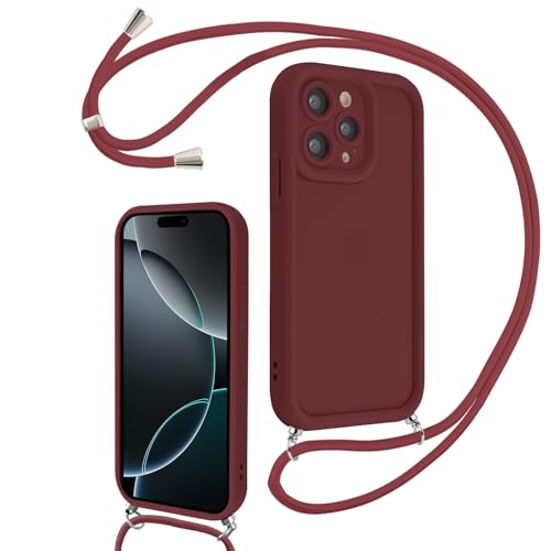 Coalbooliy Handyband für iPhone 16 Pro Hülle 6,3" mit Band Kette, Handyhülle Kameraschutz Weiches Silikon Necklace Stoßfeste Schutzhülle mit Kordel zum Umhängen Cover für Mädchen Frauen, Rot