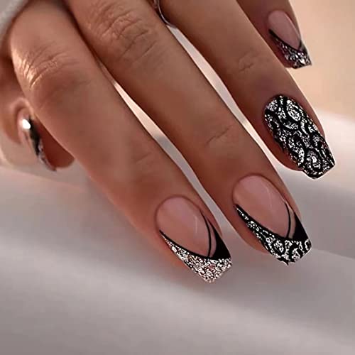Leopard Fake Nails Black and Silver Glitter Fake Nails for Women and Girls Daily Decoration 24 PCS, 0.83 g (Pack of 24)