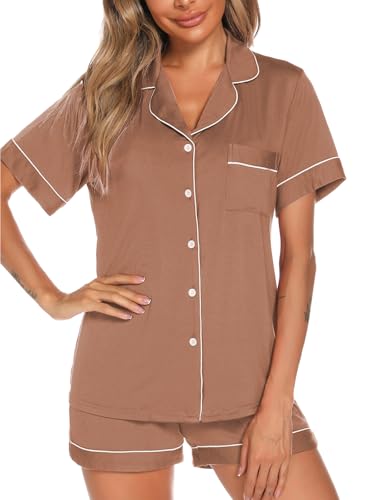 Image of Aamikast Button Up Pajama Set for Women Shorts Short Sleeve Knit Sleepwear 2 Pice Pjs Sets