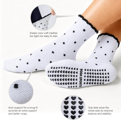 Image of Toes Home Pilates Socks for Women with Non Slip Grippers, Yoga Crew Socks for Barre Hospital Sticky Slipper Socks 4 Pairs