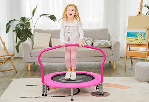 pelpo 38\" Folding Mini Trampoline, Safety Pad Rebounder with Foam Handle, Play Exercise Bounce for 3-6 Years Kids Toddler Indoor Max Load 180lb, Pink