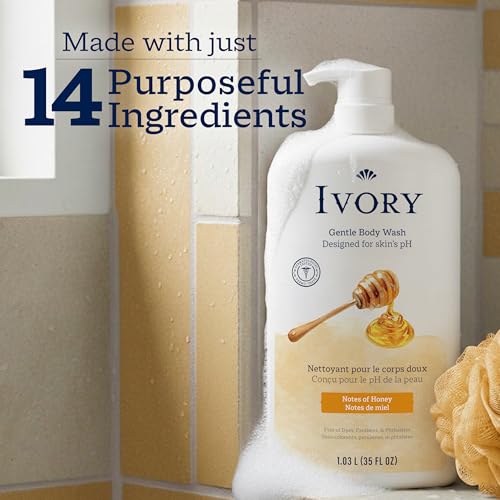 Image of Ivory Body Wash, Designed for the Whole Family, Gentle Formula, Free of Dyes Heavy Perfumes Parabens Phthalates & Silicones, for Sensitive Skin, Designed for Skin's pH, Honey Scent, 35 oz
