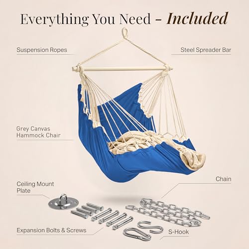 Image of Hanging Hammock Chair Swing - Hanging Chair Outdoor & Indoor - Hammock Swing Chair - Quick & Easy Setup with Hardware Kit - Durable & Spacious Full Body Support - Holds 440 Lbs