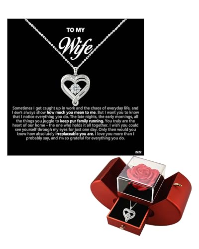 ziella Preserved Flowers Rose Box with Double Heart Necklace, Eternal Rose Gifts for Wife from Husband on Valentine's Day Anniversary Birthday (Silver, irreplaceable You are)