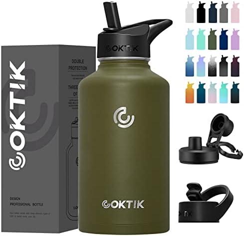 COKTIK 64 oz/Half Gallon Vacuum Insulated Jug, Double Walled Stainless Steel Sports Water Bottle with Reusable 3 Lids for Camping, Gym, Fitness or Office(Army Green)