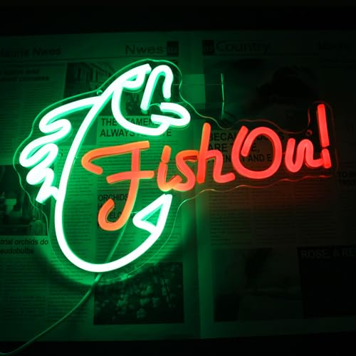 Image of Fish On Neon Sign Go Fishing LED Lights for Bedroom Garage Decor Men Gifts | Fish Neon Light for Wall, Dimmable Acrylic Fishing Sign, Green Red Letter Light Up Sign, Man Cave Yacht Decor, Fishing Gifts