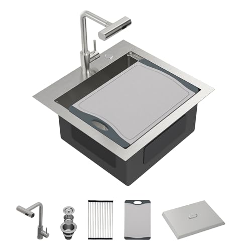 Couoko 21 Inch Drop In Outdoor Kitchen Sink Bar Prep Sink Workstation 16 Gauge Stainless Steel Single Bowl Small Sinks With Pull-out Faucet 21'x20'x9'