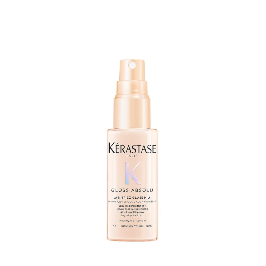 Kérastase, Gloss Absolu, Spray Multi-Beneficio per Capelli Crespi, Con Acido Glicolico, Acido Ialuronico e Olio di Rosa Canina, Anti-Frizz Glaze Milk, Formato Mini, 45 ml