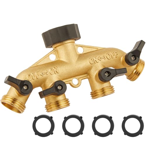 4 Way Heavy Duty Brass Garden Hose Splitter, Solid 3/4 Inch Water Hose Splitter, Hose Bib Splitter, Faucet Splitter, Hose Spigot Adapter with 4 Valves